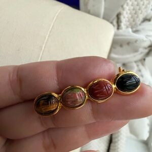 Vintage Egyptian Style Four Carved Genuine Gemstones Scarabs Bar Pin - Gold Tone